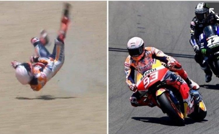 Marc Marquez terjatuh saat balapan MotoGP Spanyol di Sirkuit Jerez, Minggu (19/7/2020).