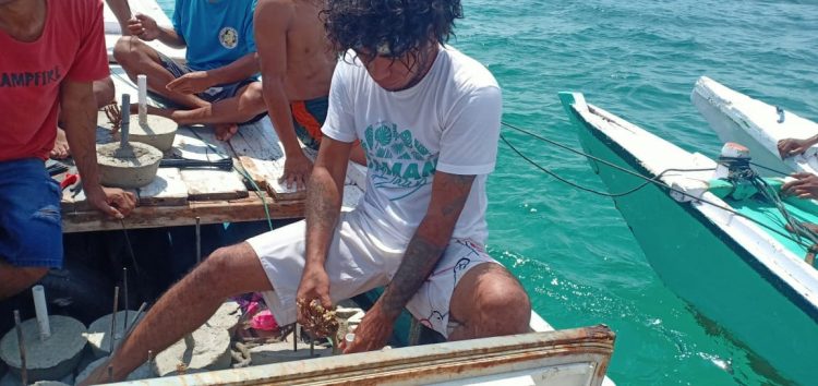 Relawan Komunitas Taman Daun saat melakukan aksi transplantasi terumbu karang di teluk Lewoleba / Foto : Doc. Taman Daun