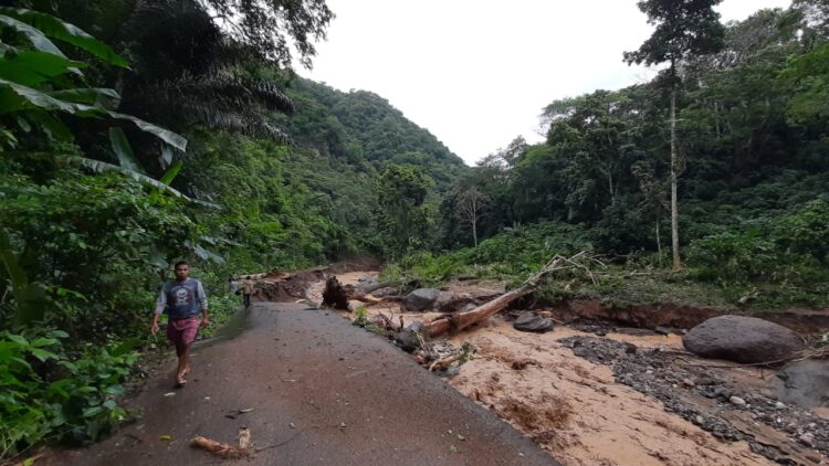 Seorang warga berjalan di ruas jalan Trans Waiwerang- Lite - Waiwadan yang putus sejauh 100 meter diterjang banjir bandang / Foto BentaraNet