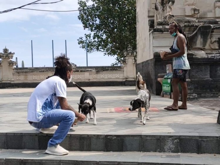 John Batafor bersama seorang teman memberi makan anjing-anjing yang berkeliaran di kawasan wisata pantai Kuta, Denpasar, Bali, Jumat (9/7) / Foto : Facebook John Batafor